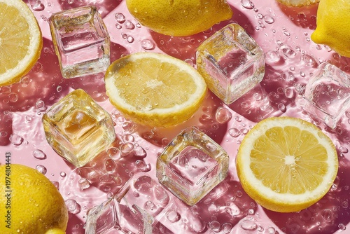 Vibrant Refreshing Citrus Slices and Sparkling Ice Cubes with Glitter on a Pink Background with Water Droplets and Subtle Lighting