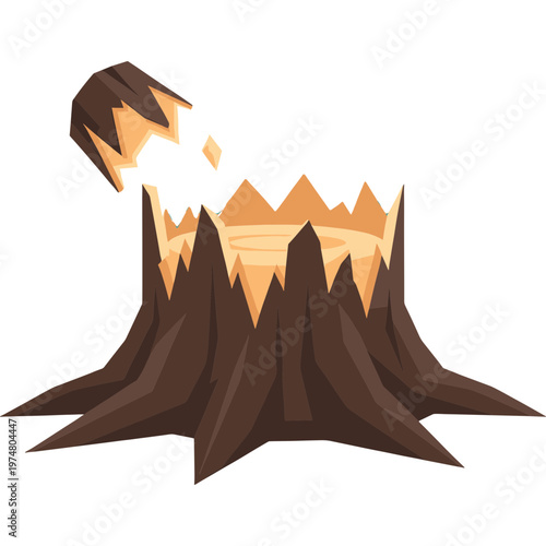 An explosion occurs on a cracked brown tree stump outdoors.