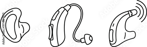Vector line art illustration of hearing aid devices, including inner ear mold, behind the ear amplifier, and digital sound receiver.