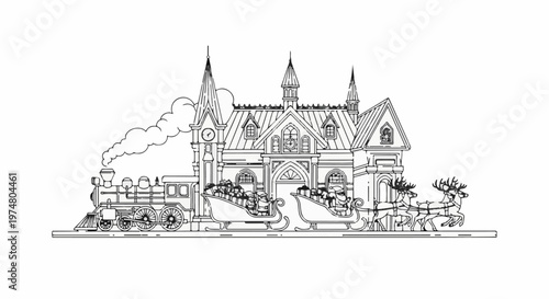 Christmas scene with Santa's sleigh, reindeer, gifts, train, and festive building