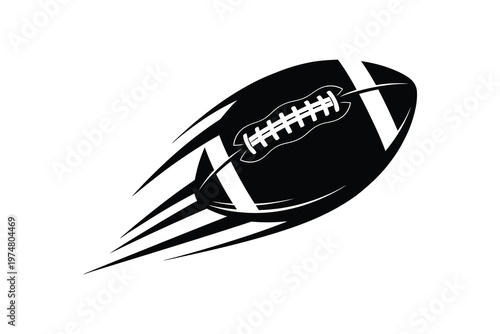 Dynamic black and white illustration of a football in motion, conveying speed and energy against a stark white background, perfect for sports themes.