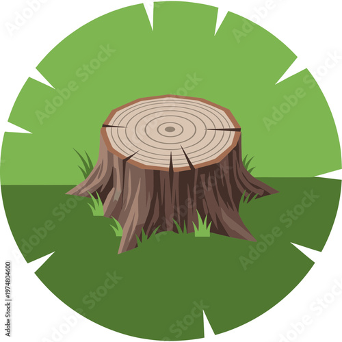 Tree Stump Illustration Shows Cut Log on Green Grassy Hill