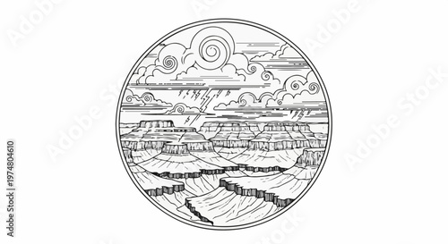 Dramatic storm over layered canyons, sun overhead