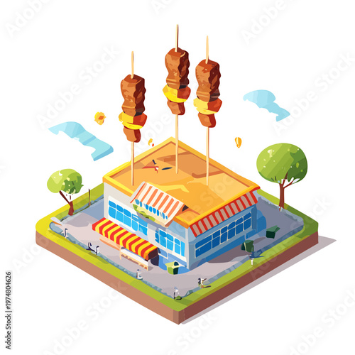 Vibrant Isometric Food Stall Illustration Featuring Elevated Grilled Skewers, a Culinary Landmark in a Whimsical Miniature Setting