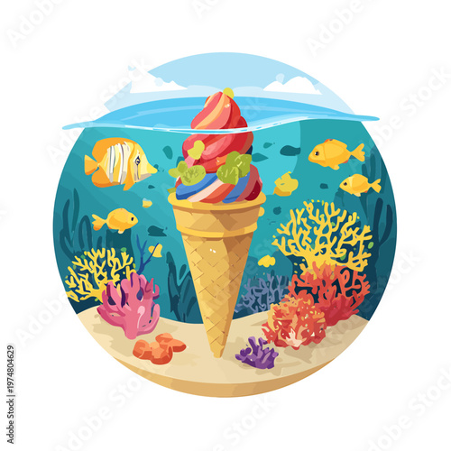 Sweet Escape A Strawberry Ice Cream Cone Submerged in a Vibrant Coral Reef with Tropical Fish