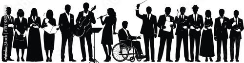 Black Silhouette Set of Orchestra Musicians Singers and Conductor Including Guitarist Flutist and Disabled Performer Isolated on White Background for Musical Design