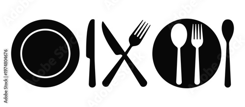 Fork knife plate and spoon menu symbol restaurant icon set food cutlery flat vector illustration modern minimal design.