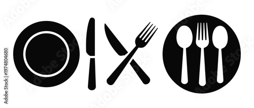 Fork knife plate and spoon menu symbol restaurant icon set food cutlery flat vector illustration modern minimal design.