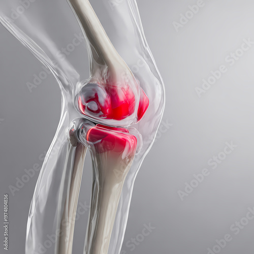 Anatomical illustration of a human knee joint with highlighted inflamed areas