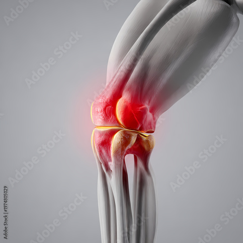 Anatomical illustration of a human knee joint with highlighted inflammation