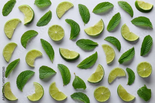 Vibrant Slices of Fresh Green Lime and Sprigs of Mint Leaves Scattered Across a White Textured Surface Dusted With Sugar Crystals Creates a Refreshing Citrus Pattern with Natural Light