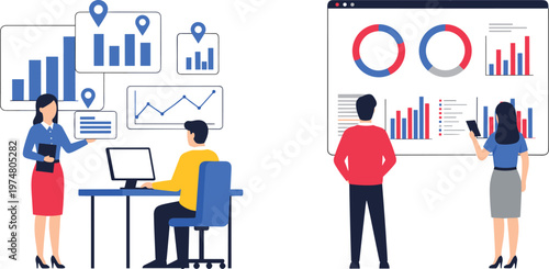 Business analytics dashboard teamwork illustration with data charts financial reporting performance monitoring office collaboration strategy planning and corporate visualization concept scene