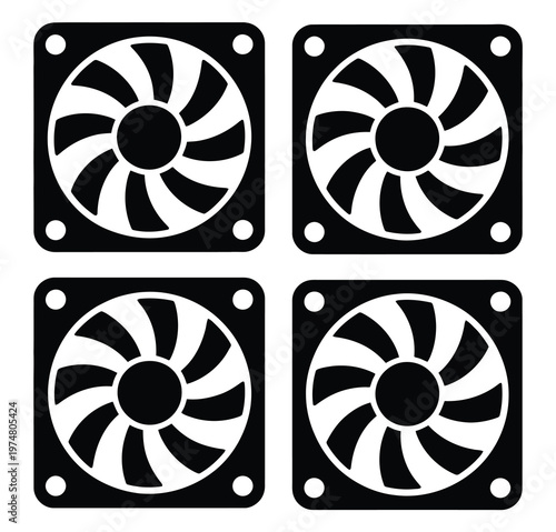 Gaming computer fan icon set computer air cooler fan flat vector symbols modern hardware cooling system illustration design.
