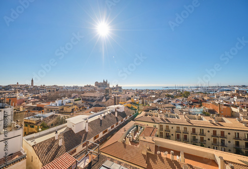 Palma de Mallorca city skyline overlooking Mediterranean sea