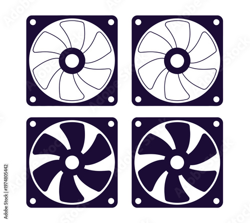 Gaming computer fan icon set computer air cooler fan flat vector symbols modern hardware cooling system illustration design.