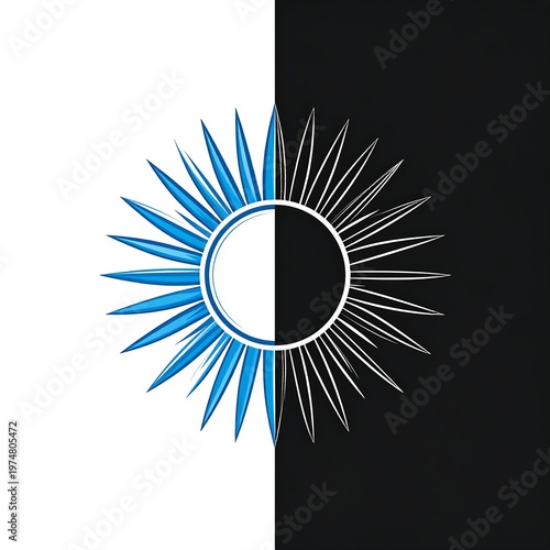 A split-design artwork featuring a sun-like element. The left half is blue and detailed, contrasted by a white/black, outline-style counterpart