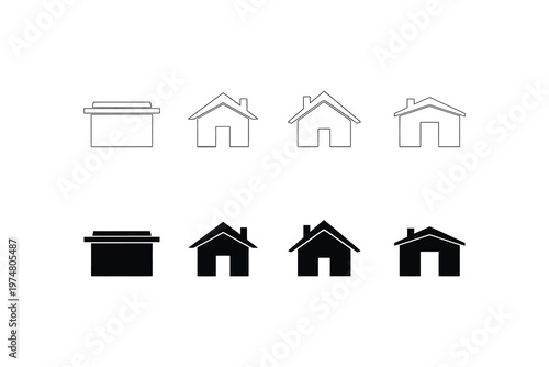 Minimalist Line Art of Houses and Garages, Architectural Sketches, Simple Black and White Illustrations, Home Design Concepts