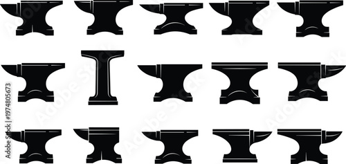 Collection of blacksmith anvil silhouettes in different styles, metal forging tool illustration set isolated on white background for industrial, workshop and traditional craftsmanship design use