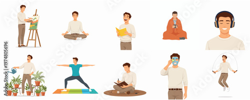 Flat Illustration Collection of Man Engaging in Relaxation and Hobby Activities