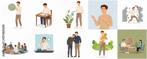 Contemporary Illustration Set of Emotional and Mental Wellbeing Scenarios
