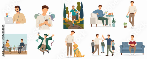Diverse Lifestyle Flat Illustration of Young Man in Various Activities