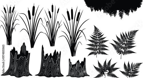 Forest plants silhouettes set with ferns reeds and tree stumps
