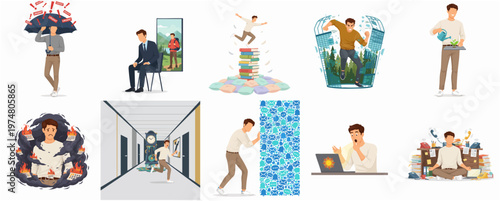 Flat Illustration Depicting Daily Life and Struggle of Modern Man Set