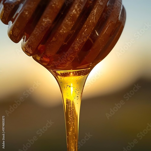 Golden Honey Dripping From Wooden Spoon