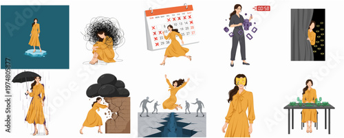 Conceptual Woman Illustration Showing Emotional Challenge and Triumph Scenarios
