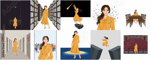 Modern Illustration of Posing Woman in Various Life Scenarios Art Collection
