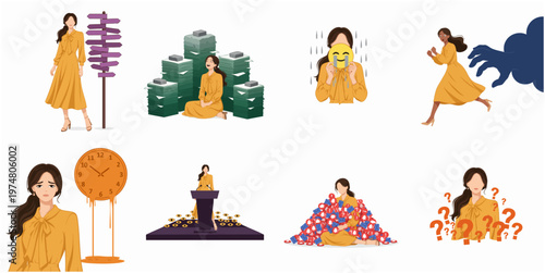 Flat Handdrawn Elegant Woman in Dress with Various Problems Illustration Set