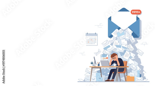 Overwhelmed Worker Buried in Paperwork and Emails, Struggling to Manage Influx of Digital Correspondence in Modern Office Environment