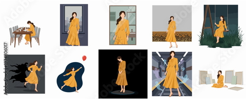 Minimalist Flat Style Illustration Woman in Various Scenarios Lifestyle Art