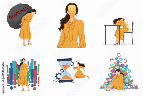 Flat Illustration Woman in Yellow Dress Depicting Time Management and Deadline Stress