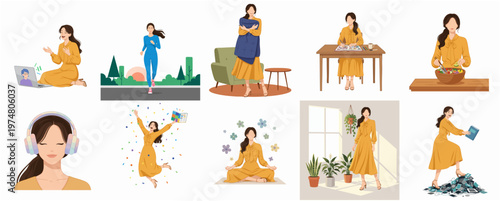 Flat Style Illustration Set of Woman Doing Different Activities at Home