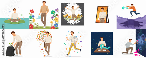 Set of Man Character with Different Activity Poses and Concept Illustration