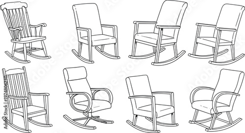 Rocking chair collection line art with different styles furniture outline vector illustration set