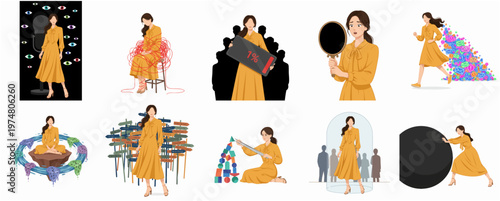 Minimalist Illustration Series of Woman in Various Conceptual and Emotional Scenarios