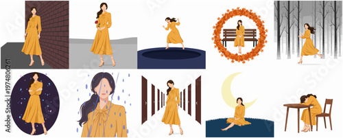 Diverse Flat Illustration of a Woman in Various Emotional Scenarios and Settings