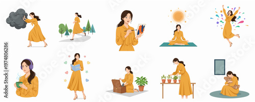 Minimalist Woman Doing Various Activities and Hobbies in Daily Life Illustration