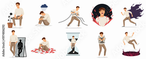 Flat Illustration Set Man Experiencing Difficult Emotions and Mental Health Issues
