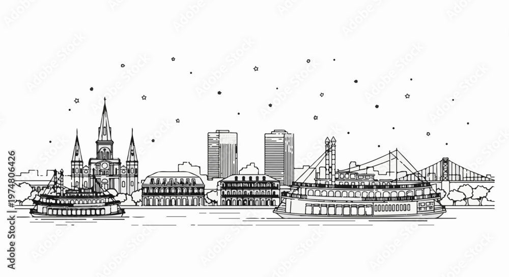 Fototapeta premium Sketchy skyline of a historic city with steamboats and a bridge