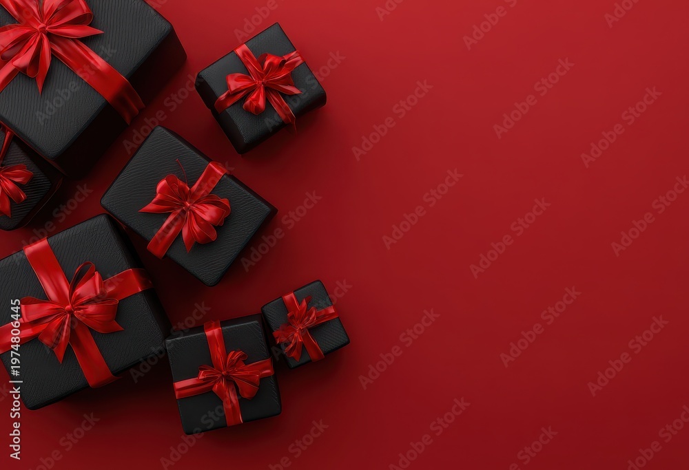 Fototapeta premium Assortment of Black Gift Boxes with Red Ribbons and Bows Arranged on a Vibrant Red Background with Copy Space for Text Celebration Surprise Event Festive Occasion