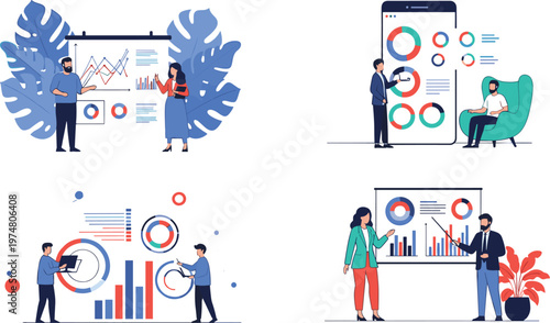 Business analytics teamwork illustration set with data dashboard charts financial reporting performance monitoring mobile analytics interface and corporate strategy visualization scenes