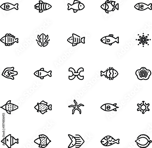 Diverse collection of ancient fish and sea creature hieroglyphic symbols