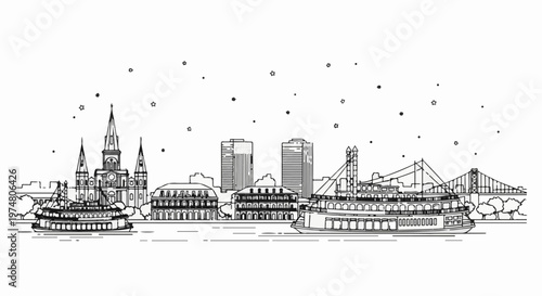 Sketchy skyline of a historic city with steamboats and a bridge
