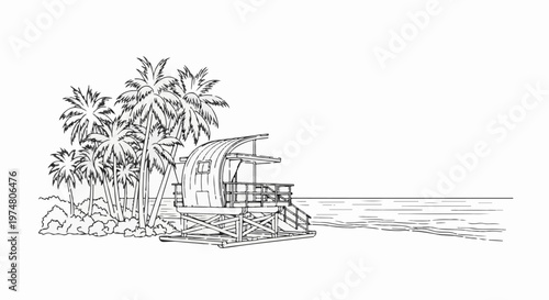 Tropical beach scene with lifeguard tower and palm trees