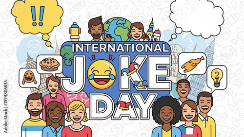 International Joke Day Global Celebration Illustration – Diverse People Laughing with Emoji, Humor Icons, Fun World Festival Design