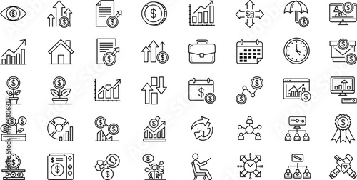 Business strategy and financial management line icon set with analytics growth planning investment marketing leadership productivity and corporate workflow outline vector collection