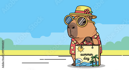 Cute Capybara Enjoying Summer Vacation Holding Tropical Shopping Bag